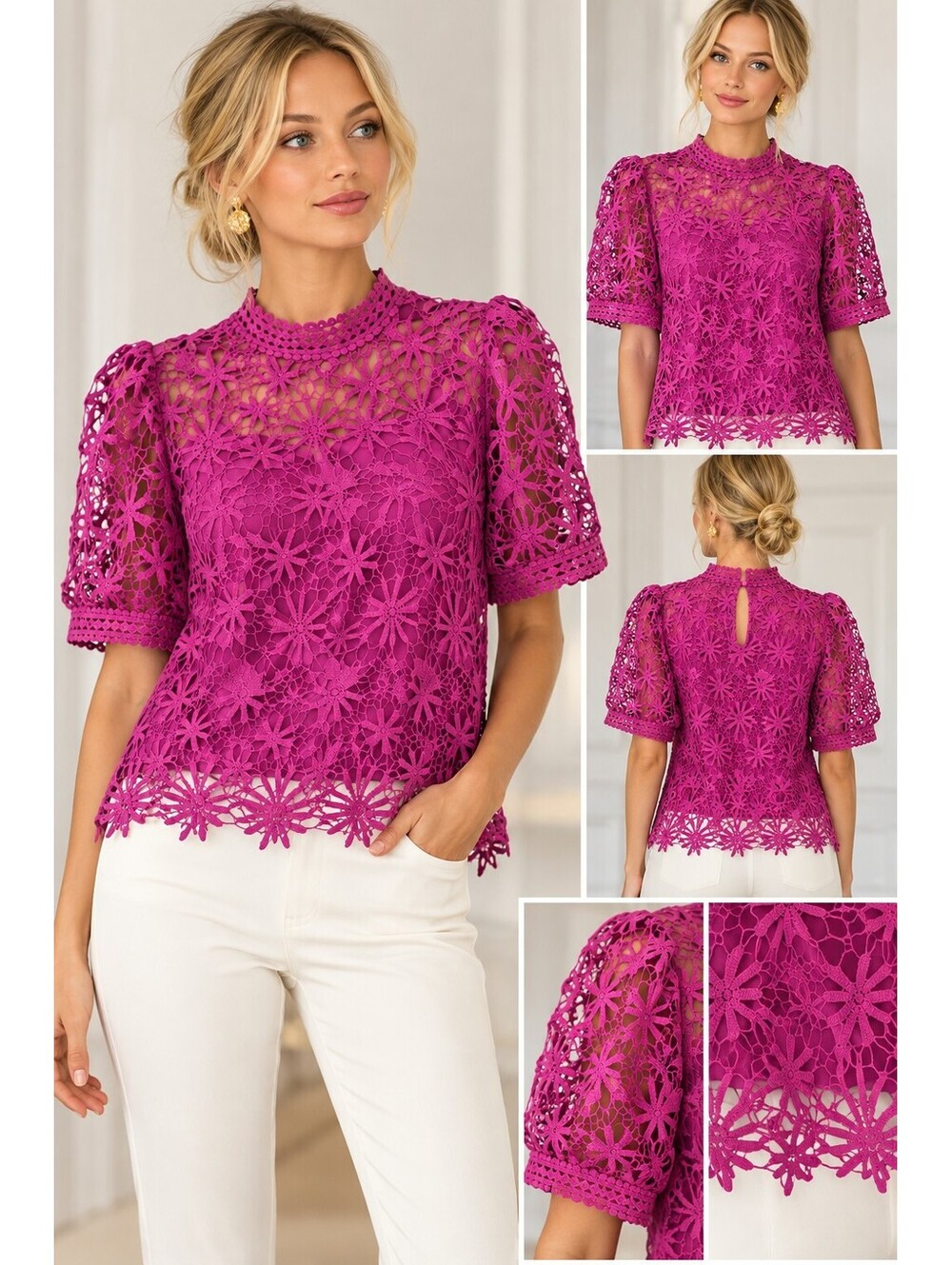 Magenta Pink Floral Crochet Lace Blouse Short Sleeve High Neck Dressy Top sz M